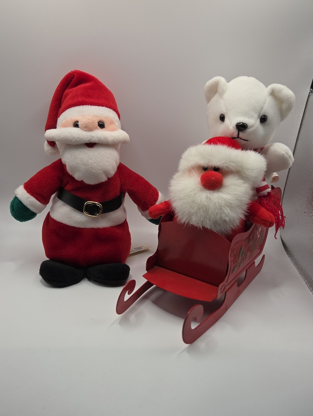 2 Santas Claus Toy - Red Sleigh White Bear. Vintage